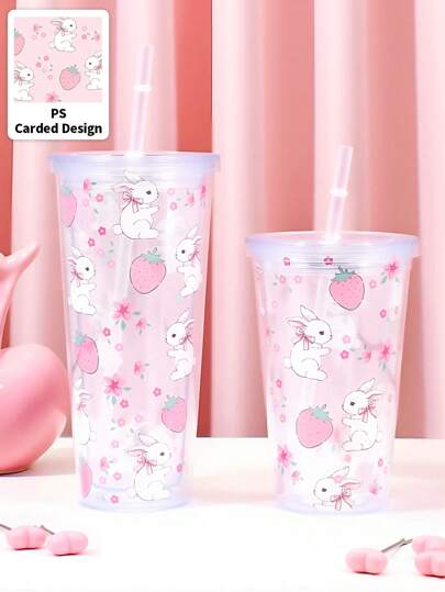 Kawaii 1pc Cold Drink Juice Cup,450ml Or 600ml Transparent With Flat Lid, Double-Layer Straw Cup, Juice Cup With Straw, Transparent Bow Pattern Cup, Kawaii Style