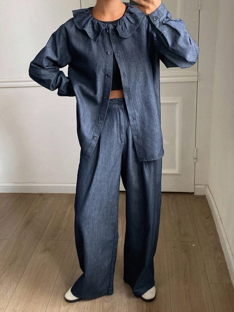 2pcs Women Peter Pan Collar Long Sleeve Denim Cardigan Top And Loose Straight Leg Pants Casual Denim Suit