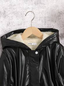 SHEIN Tween 女童休闲时尚街头风格纯色连帽抽绳腰部 PU 填充夹克，适合周末、休闲外出、返校、秋冬季 - 黑色 - 查看 8