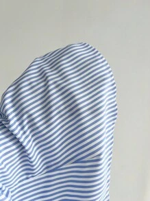 Elamini 1 pieza Camisa casual, diaria, universitaria y versátil de mujer de ajuste ceñido con rayas azules y bordado, de manga larga