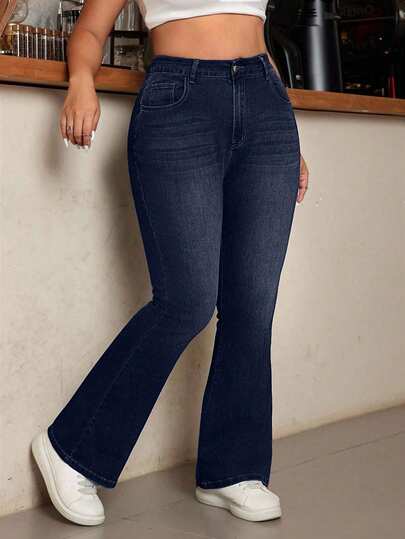 EURMUSE Plus Size Women High Waist Pockets Flared Casual Versatile Denim Jeans