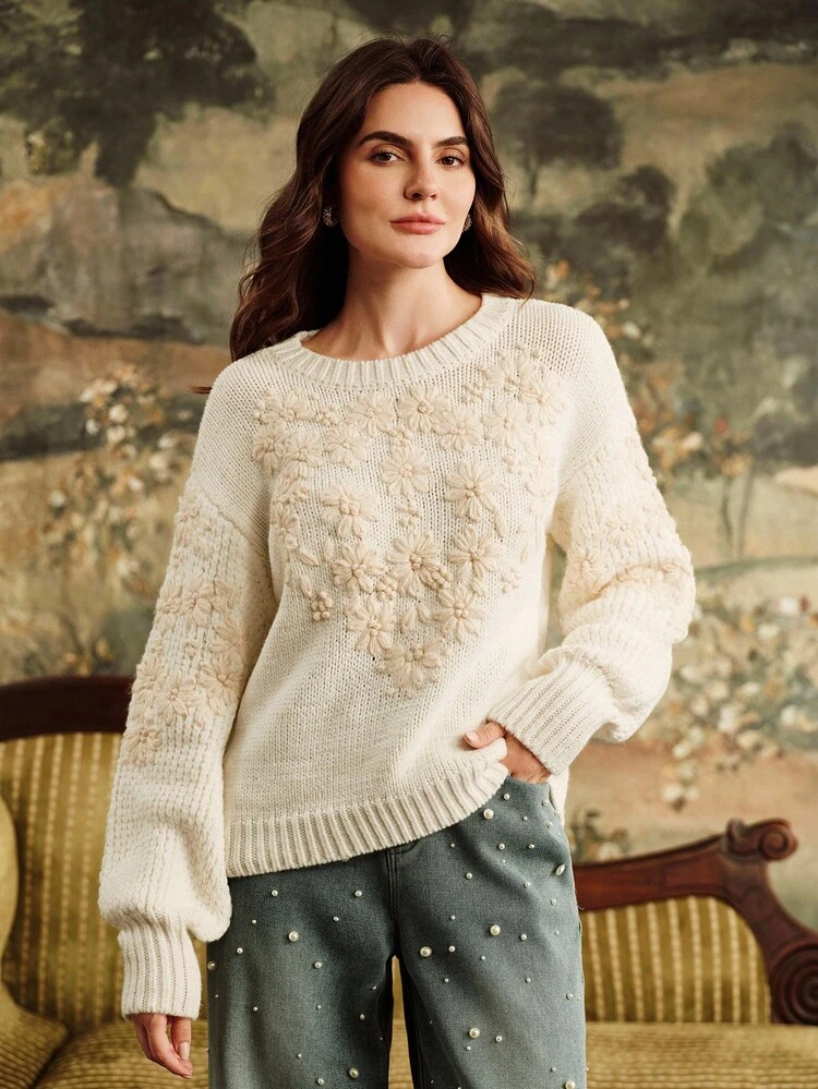 Autumn/Winter Niche Round Neck T-Shirt, Loose Fit Floral Jacquard Design Long Sleeve Knitted Sweater, Versatile Pullover Top For Women