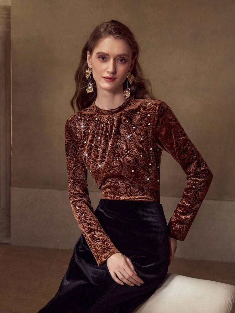 VELVET ROSE FLORAL RHINESTONE EMBELLISHED ELEGANT CASUAL WOMEN T-SHIRT