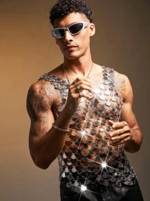 FeverCity Men's Sequin Patchwork Sexy Tank Top, 2000s Style - Silver - View 5