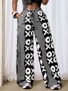 BamGleam Quần ống rộng xoắn in họa tiết thường ngày dành cho nữ - màu đen - Xem 6