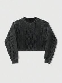 ROMWE MEN Casual 男士复古短款双面酸洗长袖T恤，2000年代风格 - 黑色 - 查看 1