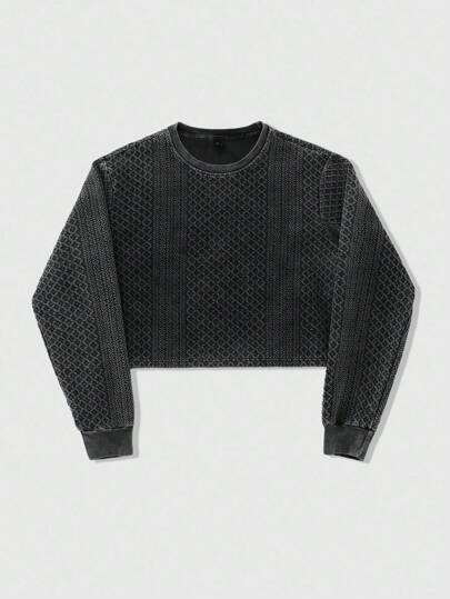 ROMWE MEN Casual Men's Retro Short Double-Sided Acid-Washed Long Sleeve T-Shirt, 2000s Style