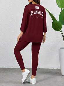 Mulvari 2 件女士休闲字母印花 T 恤和紧身裤套装 2 件套休闲套装女士女士休闲套装运动服套装女士 - 酒紅色 - 查看 6