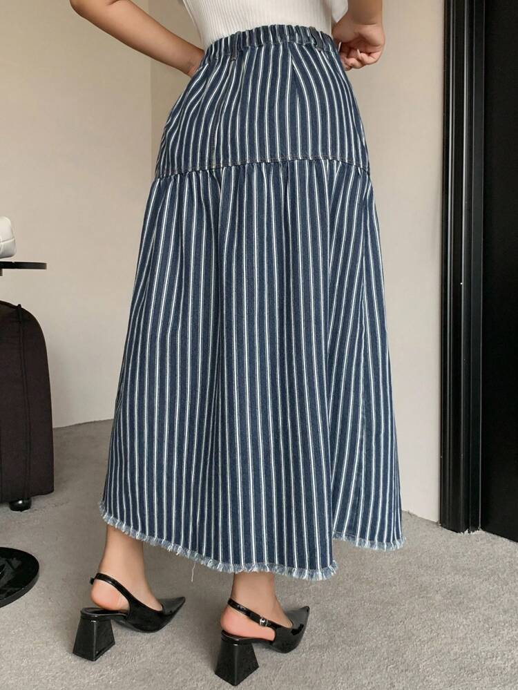 Dazy Plus Long A-Line Patchwork Striped Side Slit Fringe Hem Denim Skirt, Suitable For All Seasons Jeans Skirt