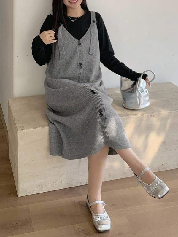 Dazy Plus Plus Size Women Button Decor Suspender Long Sweater Dress, Casual Solid Color, Autumn/Winter