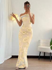 Rafferiza 3D 花卉装饰性感紧身不对称领口度假风格束腰修身连衣裙 - 杏色 - 查看 6