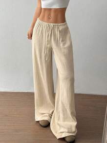 SHEIN Tall 1 件女士休闲宽松低腰休闲裤，杏色，适合通勤、居家、四季