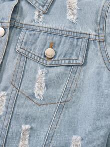青春期女孩三件套：破洞牛仔夹克、休闲牛仔裙和喇叭牛仔腿袖 - 街头风格 - 淺色水洗藍 - 查看 3
