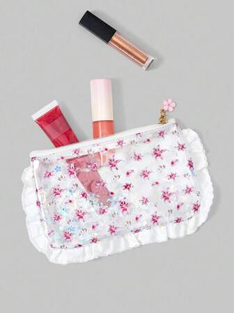 Fairycore Bolsa de maquillaje transparente de PVC con lentejuelas, encaje blanco y patrón de flores rojas todo alrededor, caja de almacenamiento pequeña y práctica