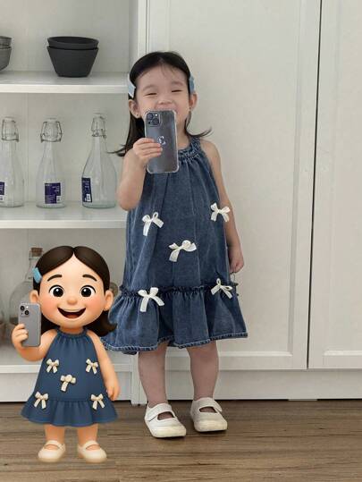 SHEIN 春夏女宝宝无袖牛仔连衣裙！经典牛仔蓝基调，休闲又不失甜美。无袖设计清新利落。裙身饰有蝴蝶结缎带，增添活泼可爱的气息，细节简约却不失精致。外出游玩展现活力萌感，居家休闲享受舒适氛围，出席派对成为甜美焦点，轻松打造不同时尚造型。