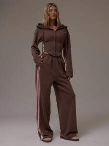 MUSERA Wide Leg Contrast Side Seam Joggers Casual Airport Loungewear Back To School Pants Sweatpants Spring - Brown - View 1