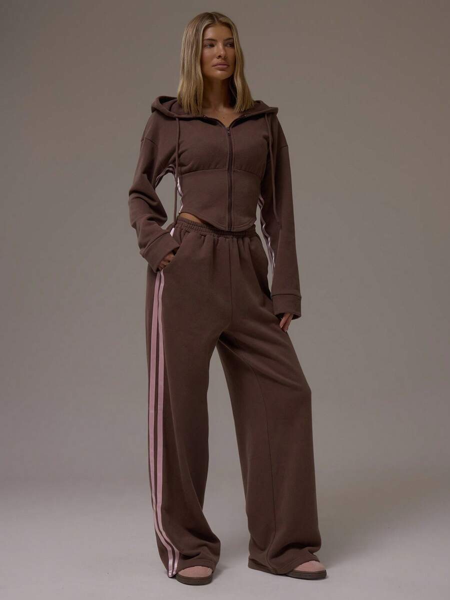 MUSERA Wide Leg Contrast Side Seam Joggers Casual Airport Loungewear Back To School Pants Sweatpants Spring - Brown - View 1