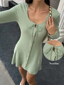 SHEIN LUNE 女式休闲纯色长袖迷你连衣裙 - 綠色 - 查看 5