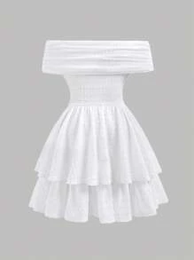 SHEIN 优雅纯色时尚休闲露肩少女连衣裙