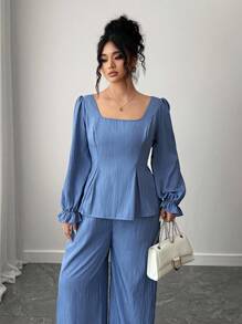 Elenzga Bộ 2 món áo sơ mi dài tay buộc dây lưng màu trơn cỡ lớn dành cho nữ và quần ống rộng thường ngày - Màu xanh lam - Xem 3