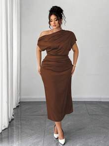 Elenzga Plus Size Women's Satin Asymmetric Ruffle Collar Pleated Waist Slim A-Line Maxi Dress, Summer