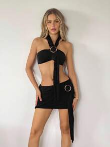 SHEIN ICON 黑色交叉吊带短款上衣和迷你裙套装 - 黑色 - 查看 4