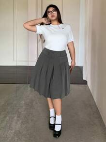 Dazy Plus Váy dài đến đầu gối xếp ly chữ A màu trơn cỡ lớn cho nữ, phong cách học sinh mùa thu - Màu xám đen - Xem 5