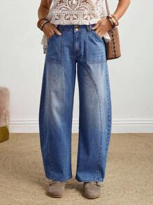 EMERY ROSE 女式口袋喇叭休闲宽松牛仔裤 - 藍色 - 查看 2