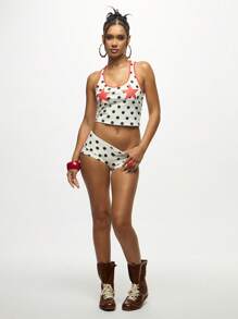 SUMWON WOMEN 女式波尔卡圆点两件套星星印花节日套装无袖背心和短裤夏季沙滩装高腰 - 白色 - 查看 3