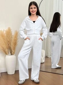SHEIN Tween Girl Loose Casual Minimalist Comfortable Hoodie And Pants Set Fall Winter - White - View 5