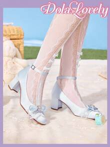 Dola Lovely Giày cao gót mũi vuông đế thô màu xanh dương dễ thương có họa tiết hoa bướm, ren ngọc trai giả và ngọc trai dành cho nữ, thích hợp làm quà tặng lãng mạn, cũng thích hợp cho các bữa tiệc, buổi tụ họp và Giáng sinh, Halloween, v.v. - Màu xanh lam - Xem 4