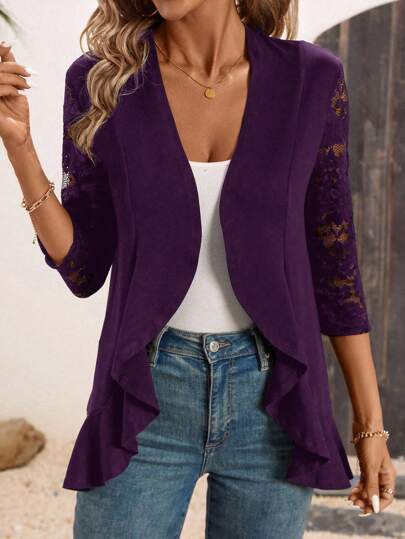 SHEIN Clasi Plus Size Women's Regular Jacket, Black Elegant Lace Patchwork Jacket, Summer Winter Fall Autumn