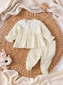 2 件套新生儿女童杏色长袖上衣和裤子套装，家居服，带蕾丝领口饰边，款式可爱，梭织面料