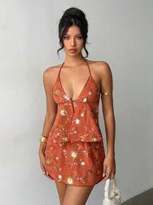 SHEIN PETITE 2pcs Women Orange Embroidered Beaded Floral Camisole Top And Skirt Set, Vintage, Vacay Vibes, Two-Piece Set, Streetwear, Skin Revealing, SequinDress, Romantic Dress, Retro Chic, Patchwork Skirt, PartyMustHave, Minimalist Style, Minimalism AU, Looks Of Party, Island Style, Girly AU, Concert Outfits, Clean Fit Style, Beachweekend, Ancient Florals, #Demure - Burnt Orange - View 4