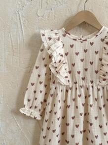 Loomiva Gaun Anak Perempuan Motif Hati, Leher Bulat, Hem Berkerut, Lengan Panjang, dan Ikat Pinggang, Serbaguna & Nyaman untuk Musim Gugur dan Musim Dingin - Putih - View 8