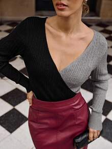 Lavishia Women's Grey And Black Contrast Color Cable Knit Fitted Sweater Fall Clothes For Women - Black and White - View 4