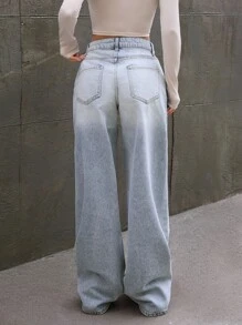 EURMUSE WOMEN MID WAIST WIDELEG BLUE DENIM CASUAL STREET WEAR - Medium Wash - View 2