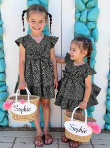 Young Girl Sage Green Floral V-Neck Ruffle Hem Dress,Summer Elegant Fairy Party Outfits,Girls Back To School First Day Outfits,Snug Fit Dance Dress - Black - View 1