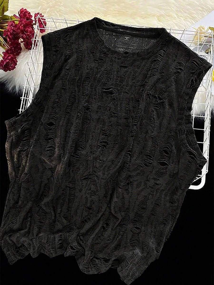 Claim Dot Men's Street-Style Distressed Texture Jacquard Sleeveless Crew Neck Fashion Tank Top - Black - View 1