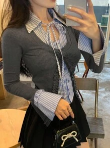 DAZY 女士条纹拼接系带荷叶边修身长袖休闲T恤 - 灰色 - 查看 5