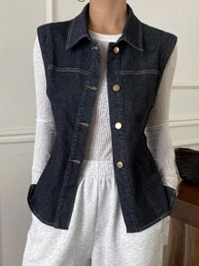 DAZY Women's Lapel Sleeveless Denim Vest, Casual City Style Denim Top