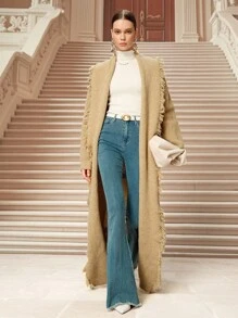 SHEIN Unity Nouveau cardigan poncho tricoté décontracté amincissant, pull ample à franges vêtement d'extérieur pour l'automne/l'hiver - Nude - Voir 2