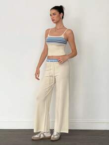 SHEIN Tall Vestă contrastantă cu talie joasă și șnur de cusut, pantaloni largi tricotați, ușori, de primăvară-vară, doar pentru vacanțe, eleganți, pentru plajă, drăguți, pentru aeroport, casă de plajă, îmbrăcăminte de aeroport, vacanță, toamnă/iarnă - Cremă - Vizualizare 5