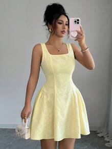 Elenzga 法式方领花卉纹理腰部修身优雅优雅 A 字短裙，适合女士、秋季、万圣节、返校节、返校节、复古女装、可爱女装、秋季时尚、中长连衣裙、绷带连衣裙