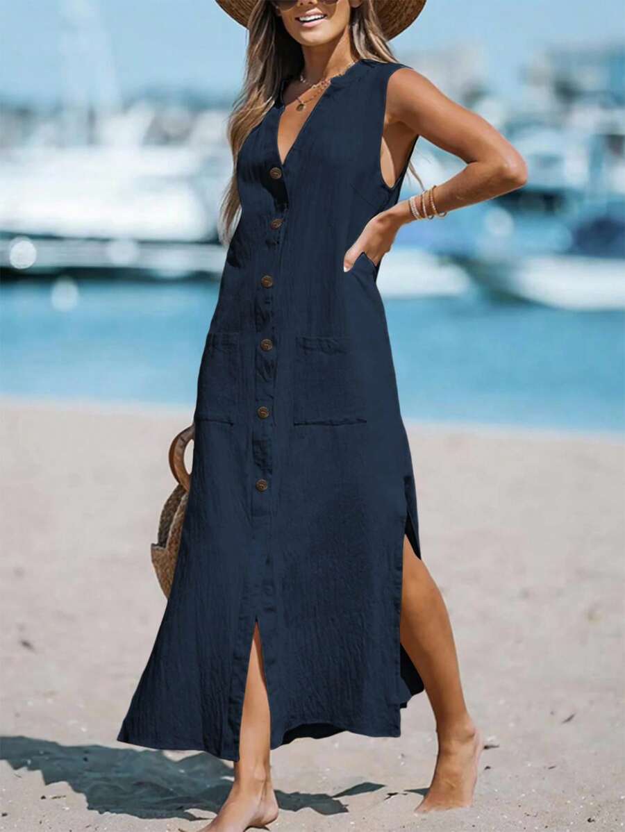 SHEIN LUNE Đầm Maxi Không Tay Cổ Chữ V, Cài Nút, Túi, Xẻ Tà, Trang Phục Nữ - Màu xanh hải quân - Xem 1