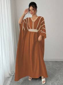 Rafferiza V 领金色蕾丝腰收腰长款罩衫连衣裙 - 咖啡棕 - 查看 4