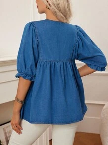 SHEIN Maternity Casual Commuter Puff Sleeve Denim Blouse