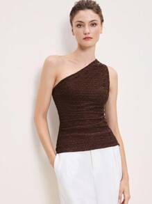 BizChic 2025 Novo Outono/Inverno Top Feminina de Tricô Texturizado com Ombro Assimétrico e Corte Assimétrico na Cor Marrom Café, Moderno e Elegante, Casual Urbano para Escritório, Adequado para Encontros, Festas, Passeios, Aeroportos, Concertos de Música Country Romântica, Estilo Coreano, Casamento, Aniversário, Halloween, Natal - Castanho - Visão 7