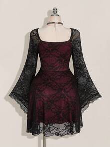Nezia Cruz Plus Size Square Neck Ruched Lace Flare Sleeve Contrast Color Goth Dress, Y2K Party Dress, Halloween Costume, Witch Vampire Dress - Multicolor - View 2