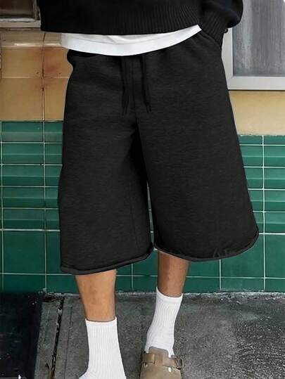 Manfinity Roghcode 男士休闲百搭 3/4 长款卷边运动裤。男士夏季休闲磨边撞色系带抽绳腰部 7 分阔腿裤，百搭日常穿着，日常休闲，夏季服装，青少年服装，是送给男朋友的绝佳礼物，返校季，超大码，纯色